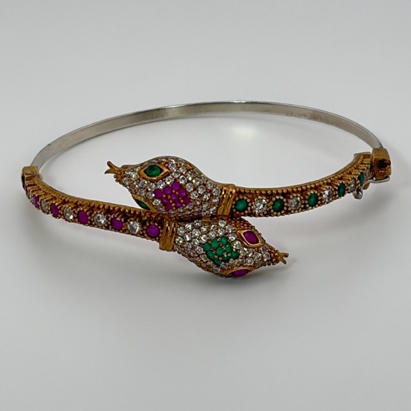 Exotic Delegate Sterling Silver Ruby Emerald Crystal Hinged Bracelet Vintage - Picture 4 of 8